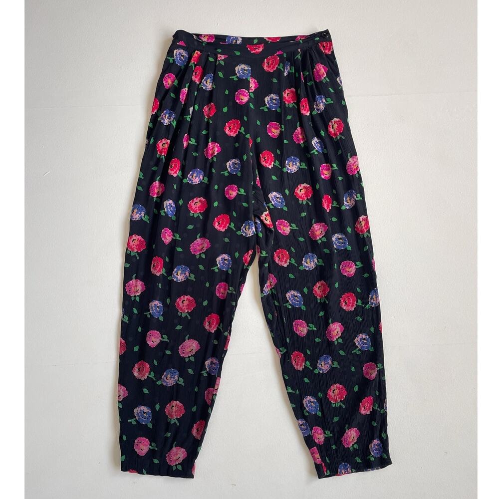 Vtg 80s Emanuel Ungaro Ter Silk Floral High Rise Pants / 30-31" French Couture